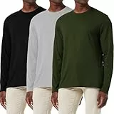 Paquete de 3 camisas de algodón para hombre, ajuste holgado, manga larga, absorbe la humedad, cuello redondo, cómodas, informales, capa base, Paquete de 3: negro/gris/verde, 3XL
