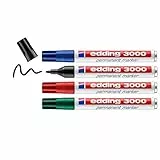 edding 3000 marcador permanente - negro, rojo, azul, verde - 4 rotuladores - punta redonda - indeleble de secado rápido - resistente al agua y a los borrones - cartón plástico madera metal - universal