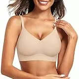 Xnova Sujetador Mujer sin Aros Bralette sin Costuras Reductor Push Up con Relleno Sostenes de Mujer Básicos Cuello En V Profundo Brasieres Comodos, Beige, L