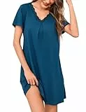Litherday Camisón Mujer Verano Algodón con Encaje Cuello en V Pijama Camisón de Dormir Suave y Elegante Ropa de Casa Azul de Cobalto M