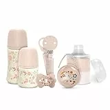 Suavinex, Set Regalo Recién Nacido. Kit Biberones Anticólicos de 150 ml y 270 ml + Chupete 0/6 Meses con Tetina Fisiológica SX Pro + Dosificador de Leche + Portachupetes + Chupetero. Wonderland Rosa