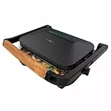 Cecotec Parrilla Eléctrica Rock'Ngrill 1300 Wood B. Potencia de 1300W, Diseño Negro, Revestimiento Rockstone, Base Antideslizante, Placa Flotante, Indicador Luminoso, Asa de Madera, Versatilidad