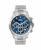 BOSS Reloj Cronógrafo de Cuarzo para Hombre de 43 mm Colección HERO con Pulsera de Acero Inoxidable de Eslabones o Malla, Función de Fecha, 3 Sub-Diales, Resistente al Agua hasta 5ATM
