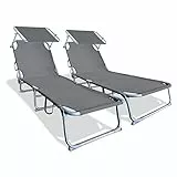 VOUNOT® Pack de 2 Tumbonas Plegable, con Respaldo Ajustable y Parasol, para Piscina, Jardin, Playa, 190x58x28cm, Gris