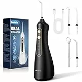 Vexloria Irrigador Dental Portatil Profesional, 320ML Irrigador Bucal, 4 Boquillas 5 Modos, IPX7 Impermeable, USB Recargable Para, Limpieza Diente Para el Hogar baño y los Viajes Negro