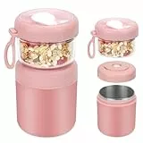 Bugucat Vaso de Cereales Para Llevar de Acero Inoxidable,530 ml + 330 ml,a Prueba de Fugas,Fiambrera Para Llevar Con Cuchara, Práctica Fiambrera Para Yogur y Cereales,Para Trabajo, Escuela,Rosa