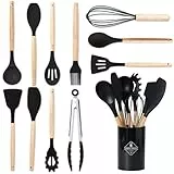 BASVII 12 Piezas Juego de Utensilios de Cocina de Silicona, Fabricado en Silicona y Mangos de Madera, Resistente al Calor Antiadherente, Utensilios Cocina Apto para Todas Las Ollas y Sartenes (Negro)