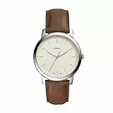 Fossil Reloj para hombre The Minimalist 3H, movimiento de cuarzo, caja de 44mm de acero inoxidable plateado con correa de piel, FS5439, Blanco y Tostado