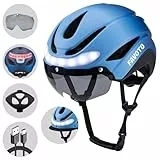 Favoto Casco para Bicicleta de Mujer con luz - Circunferencia de la Cabeza Ajustable Material EPS Capó Desmontable Luces traseras diseño L(57-61cm) Azul
