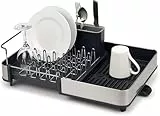 Joseph Joseph - Escurridor extensible en acero inoxidable para platos y cubiertos, bandeja de drenaje extraíble, gris/carbón, talla única
