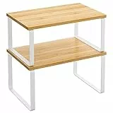 SONGMICS Estante para Especias, Juego de 2, Organizador de Armario, Estante de Almacenamiento de Cocina Extensible, Especiero de Metal y Madera de Ingeniería, Blanco Nube y Beige Natural KCS02NW