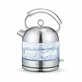 SEVERIN Hervidor de agua retro , 2.400 W, 1.7 L, Elemento calefactor cubierto por placa de acero inoxidable, Vidrio / Acero inoxidable cepillado, WK 3459