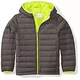Amazon Essentials Chaqueta Acolchada con Capucha, Plegable, Ligera y Resistente a la Lluvia Niño, Gris Oscuro Fluo Amarillo, 6-7 años