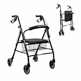 Mobiclinic®, Andador para ancianos, Modelo escorial, Marca española, Plegable, Frenos manuales y bloqueables, Aluminio, Con cesta, Ligero resistente, Asiento 4 ruedas, Color burdeos