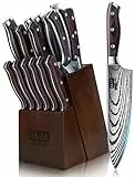 SHAN ZU Juego de Cuchillos Cocina, 16 Piezas Set Cuchillos Cocina Profesional de Acero Inoxidable de Alto Carbono, Juego de Cuchillos con Bloque de Madera, Afilador, Cuchillo de Chef, Santoku, Tijeras