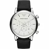 Emporio Armani Reloj Hombre, Movimiento cronógrafo de cuarzo, caja de 46mm Plata / Acero inoxidable con correa de piel, AR1807, Blanco hueso y tono plata