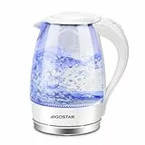 Aigostar Hervidor Agua Electrico Blanco 1,7 Litros - Hervido Rápido Electric Kettle 2200W, Iluminación LED, Vidrio de Borosilicato, Libre de BPA, Filtro Anti-Cal, Apagado Automático