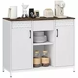 HOMCOM Aparador de 2 Puertas con Orificios, Aparador para Salón con Cajón, Compartimentos Abiertos, Estantes Ajustables, para Cocina, Entrada, Oficina, Blanco, 100x40x80 cm