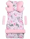 Medi Partners Funda Silla Paseo Verano Colchoneta Universal Carro Bebe Coche Colchón Capazo Saco para Carrito Protector Cochecito Sillas Fundas Cover (Flores con rosa Minky)