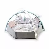 MoMi PASTEL arco de juego con colchoneta para gatear 3 en 1 para bebés desde el nacimiento, colchoneta de actividades sensoriales con 2 arcos, baño de bolas, 5 juguetes