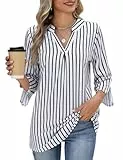 PASUDA Blusa Mujer Elegante Camiseta Manga Larga de Negocios 3/4 Manga Camisas Cuello en V Rayas Sólido Túnica Moda Casual Trabajo Túnica Verano Tops Otoño T Shirts(Rayas,M)