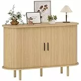 HOMCOM Aparador con Puertas Tambour Deslizantes, Aparador para Salón Moderno, con 4 Compartimentos y Patas de Madera, para Cocina, Entrada, Dormitorio, Roble, 120x40x78 cm