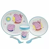 Set de vajilla infantil reutilizable antideslizante con base de silicona bicolor compuesto de plato, cuenco, vaso y cubiertos en caja de Peppa Pig