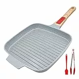 RANX INGST Grill Asador con Rayas, Revestimiento Cerámico Antiadherente, 26 cm Sartén Parrilla de Aluminio Fundido con Mango Extraíble - Azul
