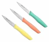 Arcos Set Cuchillos Mondadores. 3 Piezas Acero Inoxidable. Cuchillos Cocina Peladores Multicolor para Pelar Frutas y Verduras. Mango Ergonómico Polipropileno. Serie Nova. Naranja, Amarillo y Azul.