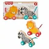 Fisher-Price Animales de madera para empujar Conjunto de dos vehículos con ruedas de silicona para juego durante el gateo, para bebés a partir de 6 meses, JFN19