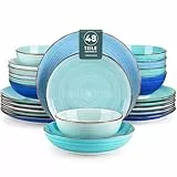 vancasso BONITA Vajillas Completas 48 Piezas per 12 Personas, Vajillas Modernas en Gres, Pintados a Mano - Platos Llanos, Platos de Postre, Platos Hondos y Cuencos - Bleu, Apto para Microondas