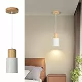 Lámpara Colgante Vintage Lámparas de Techo Iluminación Metal Madera Luz Colgante E27 Iluminación de Techo Interior Altura Regulable para Pasillo Comedor Dormitorio Bar Cocina, Blanco