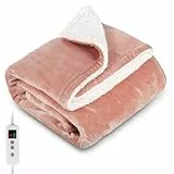 PROALLER Manta térmica, manta térmica eléctrica de 160 x 130 cm, color rosa, 10 niveles y temporizador de 1 a 9 horas, lavable a máquina, franela suave Sherpa y calentamiento de cuerpo completo, sofá