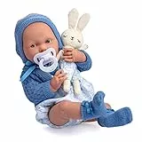 JC TOYS- Muñeco La Newborn recién Nacido de 38 cm, de Vinilo Suave, colección Royal, Ropa con Dibujo Toile de jouy, Chupete y Peluche, niño, Azul, diseñado en España por Berenguer, 2 años