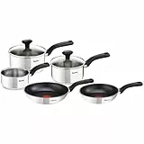 Tefal Comfort Max - Juego de 2 Sartenes 24/28 cm + 3 Cazos de 14/16/18/20 cm + 2 Tapas, Apto inducción, antiadherente, revestimiento titanio, sin PFOA, apto lavavajillas y horno, acero inoxidable