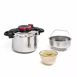 Tefal Olla a Presión Clipso Minut Easy 6 L - Acero Inoxidable, Modos de cocción de alta y baja presión, 5 sistemas de seguridad y cierre fácil con una sola mano, cestillo vapor integrado