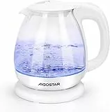 Aigostar Elvin - Hervidor de agua eléctrico, vidrio de borosilicato, 2200W, iluminación LED, capacidad 1L, Rápida ebullición, Protección contra la ebullición en seco, Libre de BPA, Blanco