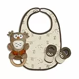 Interbaby - Set Regalo Recién Nacido modelo Búho - De 0 a 6 meses aprox - Conjunto Set 3 piezas compuesto por Sonajero, Babero y peucos