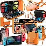 Orzly Accesorios para Nintendo Switch (Incluye: Protectores de Pantalla, Cable USB, Funda para Consola, Estuche Tarjetas de Juego, Comfort Grip para los mandos JoyCon, Auriculares) Naranja