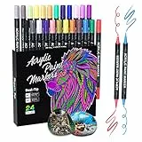 Sonlaryin Rotuladores Acrilicos, 24 Colores Rotuladores de Pintura Acrílica Doble Punta con Fina y Pincel, Rotuladore Acrilicos Permanentes para Roca, Cristal, Cerámica, Plastico, Tela, Metal