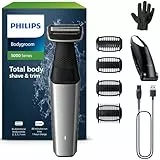 Philips BG5021/16 Afeitadora Corporal Masculina, Bodygroom Serie 5000, con Adaptador para Espalda, Impermeable, con 4 Peines-guía, 60 min de Autonomía, Negro/Plata