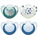 NUK Star Day & Night chupete | 6-18 meses | Calma al 99 % de los bebés | Chupetes de silicona sin BPA | Brilla en la oscuridad para encontrarlo por la noche | Cocodrilo | 4 unidades