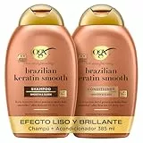 OGX Ever Straightening + Brazilian Keratin Smooth Shampoo y Conditioner, set de champú y acondicionador alisador con keratina, sin sulfatos, para pelo rizado, 2x385 ml