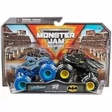 Monster Jam - Coches Monster Truck Escala 1:64 - Pack de 2 Camiones Metálicos Auténticos: Batman Vs. Megalodon - 6065293 - Coches para Niños - Juguetes Niños 3 años +