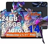 Tablet 11 Pulgadas Android 14 24GB RAM 256GB ROM (1TB TF), Octa-Core 2.0 GHz, Widevine L1, 5G WiFi, Bluetooth 5.0, 8000mAh, 5MP+13MP, 1280*800 FHD IPS, Facial ID, Tipo C, AGPS, Tablet con Funda, Negro