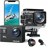 WOLFANG Cámara Deportiva WiFi 4K 60FPS GA300, Videocámara 8xZoom 24MP, Cámara Acuática Sumergible 40M con Micrófono Dual, 170° Gran Angular, EIS Mejorado, 2.4G Control Remoto, 2x1350mAh Baterías