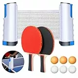 Flintronic Sets de Ping Pong, Juego de Raquetas de Tenis de Mesa Professionales, 2 Raquetas de Ping Pong, 6 Bolas, 1 Red Retráctil, 1 Bolsa de Almacenamiento, para Exterior y Hogar(Azul)