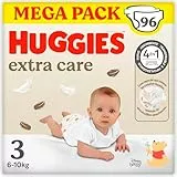 Huggies Extra Care Pañal para bebé con diseños Disney Talla 3 (5-9 kg), 3 packs x 32 pañales, 96 pañales con almohadillas extra suaves que cuida de la piel del bebé