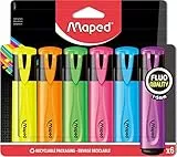 Maped - Material Escolar - Subrayador Classic - 6 Subrayadores de Colores - Verde, Rosa, Naranja, Amarillo, Azul y Morado - Punta Biselada - Trazo de 1 a 5 mm - Tapón a Presión