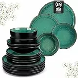 vancasso PLAYA Vajillas Completas 6 Personas, Platos Vajilla 24 Piezas de Gres - 6 Platos Llanos, 6 Platos de Postre, 6 Platos Hondos y 6 Cuencos - Esmaltado Reactivo Verde, Apto para Lavavajillas